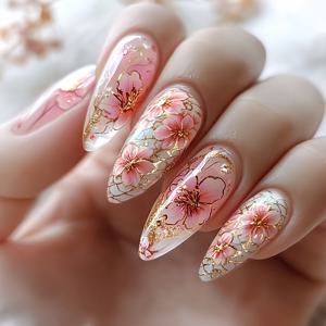 TEMU NAIL NINA 중국식 프레스온 매니큐어 24개입 - 아몬드형 미디엄 기장 핑크 꽃무늬 염색 광택 네일아트, 웨딩 및 데일리용 - 네일의 날을 위한 전통 미네랄