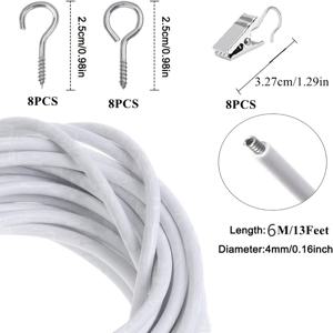 TEMU 6미터 미리 조임된 안티-드래핑 커튼 와이어 + 녹 방지 조절식 스틸 클립 8개, 조절 후크 링 8쌍 세트 포함, 쉬어 커튼, 액자, 식물 스탠드에 적합한 화이트 인비저블 미적 시스템