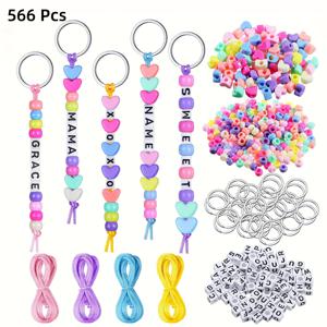 TEMU 285/566개 비즈 이름표 키체인 제작 키트, 조절 가능한 A-Z 문자 비즈 키링 백팩 참, 비즈 공예 용품, 비즈 키 체인 제작 공예 알파벳 비즈 주얼리 키 링 액세서리, 어버이날 선생님 선물, 신학기용