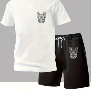 TEMU 남성용 프랑스 불도그 패턴 캐주얼 2피스 세트, 반팔 라운드 넥 티셔츠와 허리 길이 반바지, 폴리에스테스 스판덱스 블렌드 편안한 루즈웨어, 올 시즌 포켓 디자인 정규 핏 니트 재질