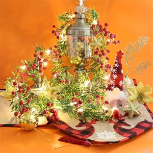 TEMU 1개 크리스마스 장식 조명 스트링 - 눈꽃 효과, 소나무 잎과 빨간 열매 디자인, 20개 LED 배터리 없는 조명, 새해 파티 룸 웨딩 벽 나무 걸이용