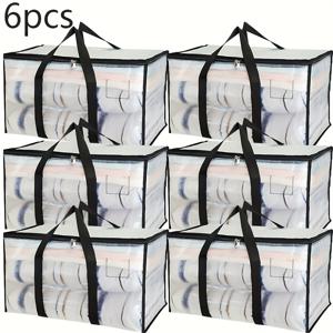TEMU 6개 세트 대용량 투명 이사용 가방 (뚜껑 포함) - XL 강화 지퍼 수납박스, 옷, 기숙사, 이사, 여행용 - 강화 손잡이 & 지퍼 잠금 기능의 패브릭 정리함