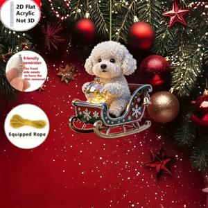 TEMU 2D 평면 아크릴 크리스마스 장식 - 귀여운 비숑이 빛나는 노란 공을 들고 썰매에 앉아 있는 모습, 완벽한 휴일 선물, 홈 데코, 파티 & 키체인 액세서리, 축제 디자인, 내구성 있는 휴일 장식, 2D 평면