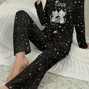 TEMU 별이 빛나는 하늘 프린트 긴 바지와 레터링 & 고양이 디자인 상의가 있는 여성용 투피스 잠옷 세트