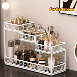 TEMU 멀티 티어 화장품 정리대 - 카운터탑/욕실용 선반, 페인트 처리된 공간절약형 수직/수평 티어 디자인, 제품, 메이크업 브러쉬 & 뷰티 필수품용 - 모던한 직사각형 정리대, 향수 수납|욕실선반|향수|화장품정리함