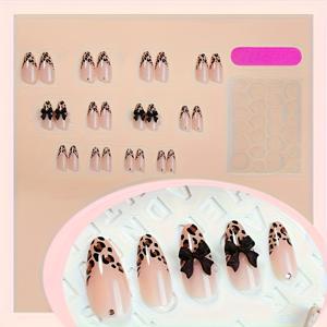 TEMU 24개입 프린트 프렌치 매니큐어 프레스 네일 - 블랙 리본 장식, 아몬드형 중간길이 탈부착 네일아트, 광택 & 리본, 파티, 웨딩, 데일리웨어용