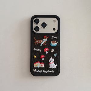 TEMU 폰 케이스: 패션 캐주얼 블랙 데님 자수 시리즈 재미있는 카툰 자수 강아지 버섯집 커피 고품질 풀커버 폰 케이스, 17 Pro/16/15 Pro Max/14/13 호환