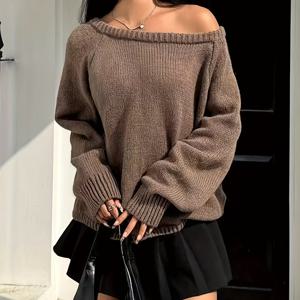 TEMU 여성용 소프트 오프숄더 탑 - 캐주얼한 시크한 스웨터, 리브드 텍스처, 긴 소매, 라운드 넥라인, 가을/겨울 레이어링 또는 스탠드얼론 옷으로 완벽, 캐주얼 웨어 탑 | 시크 니트웨어 | 소프트 텍스처