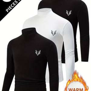 TEMU 남성용 혼합 색상 기모 상의 3종 세트, 남성용 하이넥 긴팔 티셔츠, 가을/겨울용 두꺼운 따뜻한 캐주얼 레이어링 셔츠, 브러시드 베이스 레이어, 따뜻한 스웨트셔츠.|남자셔츠