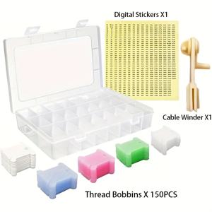 TEMU 150개 자수 실 정리 키트, 컬러풀 보빈, 플로스 와인더, 24칸 투명 플라스틱 보관 상자, 라벨 스티커 포함 - 크로스 스티치, 비즈, 주얼리 및 공예 용품, 자수 키트에 이상적