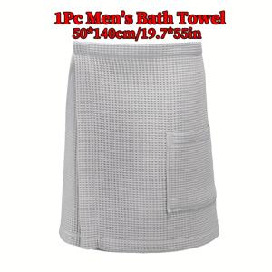 TEMU 남성용 와플 목욕 타월 1개, 바디 랩 크기 50*140Cm/19.7*55In, 350GSM의 극세사 소재. 편리한 포켓, 탄성 로프 디자인, 부드러움과 편안함 제공. 뛰어난 흡수력