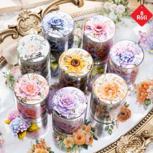 TEMU 일기장, 마스킹 테이프 장식, 플래너 정리 일기, 선물 포장, 다이어리, 사진 앨범, 부활절 또는 크리스마스 선물에 적합한 빈티지 장미 및 스티커가 특징인 52.49피트 장식용 꽃 PET 테이프 8롤 세트