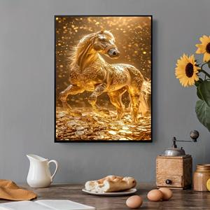 TEMU 5G DIY 페인팅 키트 - 질주하는 황금 말 - 캐릭터 테마, 액자 없음, 자수 아트 페인팅, 라운드 , 홈 월 데코, 휴일, 생일, 기념일 선물용|보석십자수