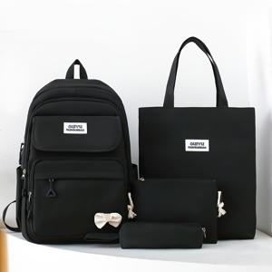 TEMU 여성용 백팩 세트, 학업 스타일 블랙·핑크·블루·그린·옐로우 옥스포드 원단 조절 가능한 어깨끈과 지퍼 클로저 폴리에스터 안감 여성 패션 가방 4종 세트