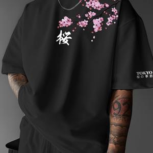 TEMU 벚꽃, 일본 요소, 남성 패션 프린트 스트리트 캐주얼 반팔 티셔츠, 편안한 라운드넥 상의 (봄, 여름용)
