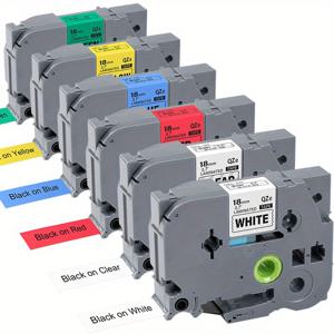 TEMU 브라더 P-touch 호환 라벨 테이프 6팩 – 18mm 라미네이트 – TZe-141, TZe-241, TZe-441, TZe-741 호환 – 블랙/레드/블루/옐로우/그린 – PT-D400 지원, 다용도 라벨링, 슬림 디자인, 오래 지속되는 접착력