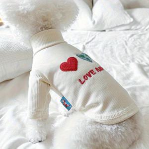 TEMU 하트 레터 자수 패턴이 있는 흰색 베이스 레이어 셔츠, 심플하고 편안한 피부 친화적 소재, 소형견, 강아지, 고양이용 애완동물 의류|강아지옷