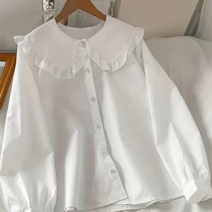 TEMU 2025 봄/가을 신상 한국식 우아하고 매력적인 긴팔 피터팬 칼라 셔츠 - 귀여운 플리츠 블라우스