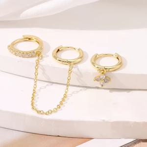 TEMU 3개/우아한 패션 구리 인레이 합성 지르코니아 꽃잎 펜던트 귀걸이 트렌디한 힙합 체인 스터드 세트 데이트 선물