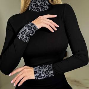 TEMU 여성용 캐주얼 긴팔 터틀넥 탑, Y2K 프린트가 돋보이는 대비되는 색상의 프린트 디자인, 스타일리시하고 우아하며 뛰어난 탄성, 편안함, 패션