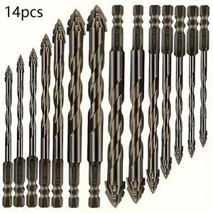 TEMU 14피스 카바이드 드릴 비트 세트, 사각 톱니 설계, 직선형 플루트, 건식 드릴링용 (도자기, 세라믹, 유리, 대리석, 콘크리트, 석재)
