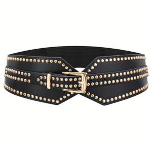 TEMU 여성용 와이드 탄성 펑크 스타디 벨트 - 골드 톤 버클이 있는 청키 스트레치 허리 밴드, 세탁 불가능한 합성 소재, 파티, 결혼식, 캐주얼 복장용 - 레트로 빈티지 신치 가드, 파티 액세서리, 스트리트 스타일, 내구성 좋은 액세서리, 여성벨트, 밸트