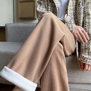 TEMU 여성용 두꺼운 겨울 바지 - 신축성 없는 와이드 레그 트라우저, 탄성 허리 밴드, 추운 날씨, 사무실, 파티용 긴 기장