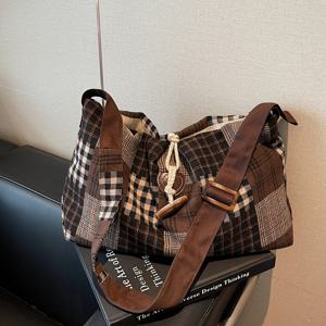 TEMU 빈티지 캐주얼 스플라이스 체크무늬 스타일리시 레이지 스타일 트렌디 다용도 크로스바디 토트백, 가벼운 외출용, 출퇴근용, 문학적 예술적 국민 스타일 숄더백, 핸드백|크로스백|토트백|여행용크로스백