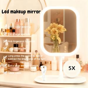 TEMU LED 메이크업 거울 또는 LED 메이크업 거울 + 작은 거울, 조명 화장대, 360° 회전 3색 LED 메이크업 거울, 320mAh 배터리 용량 및 1.19Wh 저장 용량, 3가지 조명 모드, 터치 컨트롤 기능