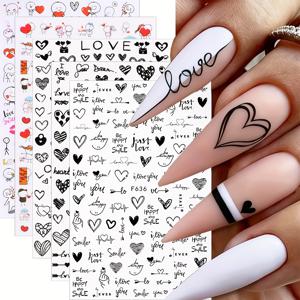TEMU 데이 3D 네일 아트 스티커 5장 - 귀여운 로맨틱 러브 커플 & 블랙/화이트 하트 도드 데칼, 여성을 위한 광택 DIY 네일 장식, 손/발 케어, 셀프 스티커 적용 (도구 필요 없음)