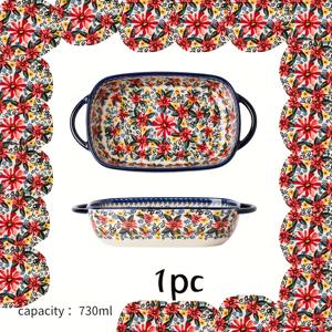 TEMU 730ml 플로럴 세라믹 베이킹 디쉬 1개 - 손잡이가 달린 직사각형 서빙 디쉬, 쌀, 샐러드, 치즈에 적합, 집의 주방을 위한 우아한 필수품