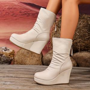 TEMU 여성용 플러스 사이즈 플랫폼 부츠 - 두꺼운 웨지 힐 (슈퍼 하이힐), 라운드 토 숏 부츠, 지퍼 클로저, 어퍼 & TPR 밑창 - 짧은 다리용 숏 부츠, 캐주얼/드레시 웨어, 매치하기 쉬운 신발