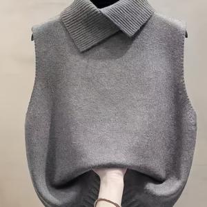 TEMU 여성용 우아한 칼라 조끼 재킷 - 루즈핏 겨울 스웨터 코트, 단색 스택드 아우터웨어 가을/겨울용, 칼라 (패딩 없음)|여성의류