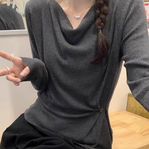 TEMU 프렌치 스타일 드레이프 칼라 우아한 허리라인 여성 블라우스, 가을/겨울 패션 캐주얼 다용도 체스트 플리트 사선 버튼 탑|여성블라우스