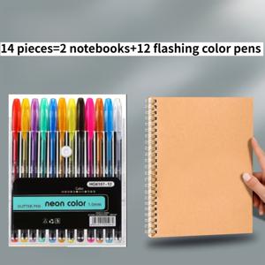 TEMU 14개 A5 스파이럴 노트북 세트 - 노트북 2개 + 글리터 컬러펜 12개, 30페이지/60장 코일 메모 노트북 다이어리 플래너, 줄긋기 그리드 용지, 업무, 스케치, 일기, 공부, 메모에 완벽, 이상적인 선물, 학용품 | 스타일리시 A5 디자인 | 고품질 용지, 노트북 및 다이어리