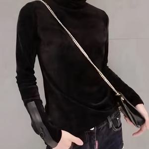 TEMU 여성용 벨벳 소재의 새로운 가을 긴팔 티셔츠. 하이넥 디자인, 신축성 있고 편안한 착용감, 스타일리시하고 섹시한 디자인으로 가을과 겨울에 완벽하며, 몸매를 부드럽게 감싸는 다용도 핏의 탑으로 파티 및 캐주얼 웨어에 적합합니다.|티셔츠