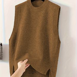 TEMU 새로운 스타일 미디 길이 라운드넥 민소매 여성용 조끼, 옆트임, 루즈핏 및 패셔너블.