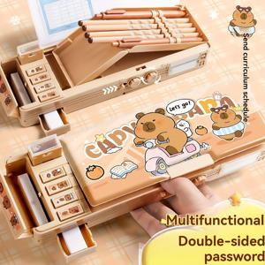 TEMU 귀여운 카피바라 디자인의 다기능 양면 필통 1개 - 연필깎이, 일정 정리표, 곱셈표, 미니 화이트보드 및 서류 보관용 서랍 포함, 기발한 동물 테마, 안전 패스워드 잠금장치