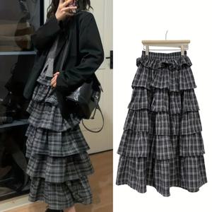 TEMU 빈티지 체크 프린트 멀티 레이어 케이크 스커트 여성용, 하이웨이스트 A라인 스플라이스 탄성 허리 블랙 체크 스커트