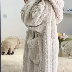 TEMU 가을 겨울용 캐주얼 단색 자카드 플리스 두꺼운 나이트 가운, 긴소매 후드 버튼 포켓 가운, 여성용 드레스