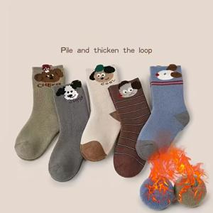 TEMU 귀여운 동물 중목 양말 5켤레 세트, 남아 여아용 두꺼운 가을/겨울 아동용 양말, 부드럽고 편안한 보온 방한 의류, 할로윈/크리스마스 선물