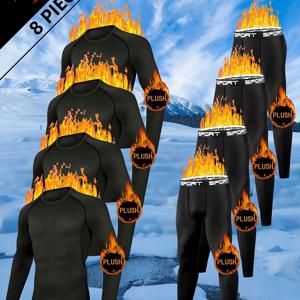 TEMU 8개입 기모 안감 남성용 기모 속옷 컴프레션 세트 (피트니스, 런닝, 농구, 야외 활동용), 두꺼운 베이스 레이어 상의 및 하의 포함 (스키용)