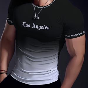 TEMU 남성용 3D 로스앤젤레스 문자 그라데이션 티셔츠, 고탄력 폴리에스터-스판덱스 블렌드, 빠른 건조 스포츠 크루넥 티 - 요가, 달리기, 골프, 트레이닝 - 여름 피트니스 상의