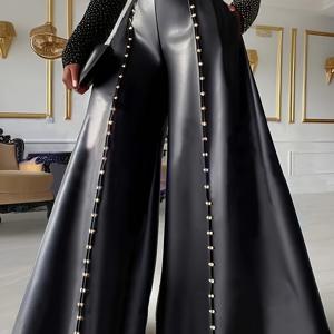 TEMU 부자 유도 방향성 개발 바지, PU 어반 캐주얼 스타일, 허리 밴드 없음, 사이드 포켓 넓은 바지