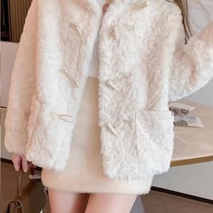 TEMU 여성용 빈티지 감성 인조 모피 코트, 호른 버튼, 루즈핏 짧은 스타일, 싱글 브레스트, 긴 소매, 플레드 디테일 - 캐주얼 아웃팅에 이상적