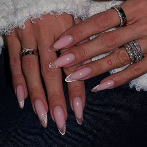 TEMU 10개 수제 아몬드형 프렌치 스타일 프레스온 네일 - 핑크 광택 중간 길이 인조 네일, DIY 매니큐어/페디큐어 세트 (손 & 발용) - 솔리드 컬러 프렌치 팁