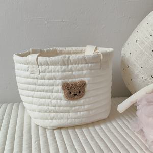 TEMU 귀여운 곰 테마의 손잡이가 있는 천 스토리지 바구니 - '玩具, 분유 | 필수품 정리함 | 세탁 및 건조 청소 안전 | 베이지와 카키 색상으로 제공 | 분유 스토리지 | 텍스처드 천 바구니 | 내구성 있는 스토리지 바구니, 스토리지 바구니