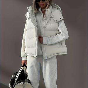 TEMU 2025 가을/겨울 신상 유럽&미국 스타일 심플 캐주얼 스트리트 패션 여성용 슬림핏 민소매 후드 따뜻한 조끼 자켓