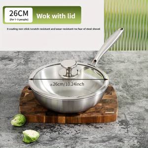 TEMU 칼리버 26cm/28cm/30cm-304 스테인리스 스틸 프라이팬 뚜껑 포함, 중국산 헤비듀티 프라이팬, 주방용 볶음요리, 오믈렛, 스테이크 튀김 등에 적합, 인덕션 사용 가능, 실버 컬러, 브러시드 표면