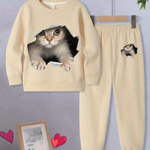 TEMU 여아용 만화 고양이 라운드넥 스웨트셔츠 + 창고 2피스 아동복, 스타일리시하고 귀여운 캐주얼 O넥 패치워크 스웨트셔츠 세트 (가을, 겨울용), 저렴한 의류, 야외용